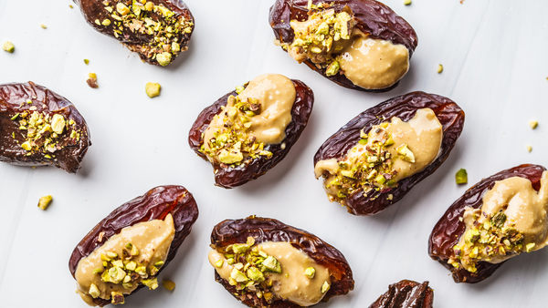 PEANUT BUTTER STUFFED DATES WITH OLIVE OIL AND PISTACHIOS