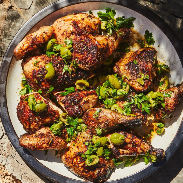 BUTTERFLIED CHICKEN WITH CRACKED OLIVES AND HERBS